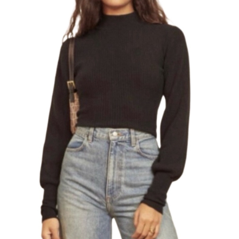 Reformation Osteria Open Tie Back Black Ribbed Cashmere Sweater - Sz XS